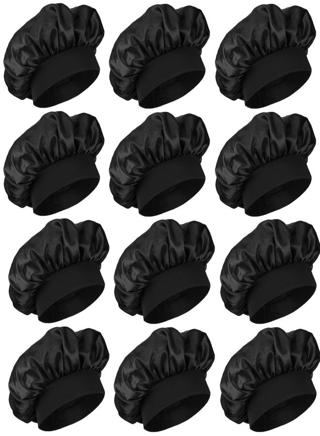 PODALOA 12 Pieces Silk Bonnet for Women Curly Hair Satin Bonnet Hair Wrap for Sleeping Cap with Tie Band (Black) - Image 1